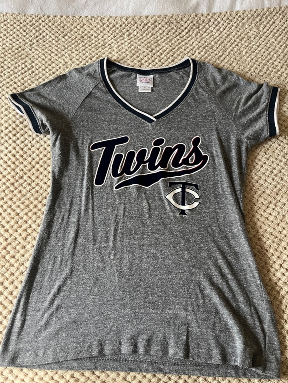 MN Twins Gray V-Neck Tee with Navy Trim